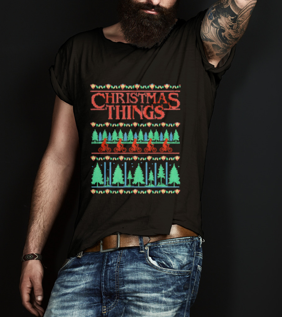 Christmas Things Holiday Sweater Lights And Bicycles Forest Theme T-Shirt