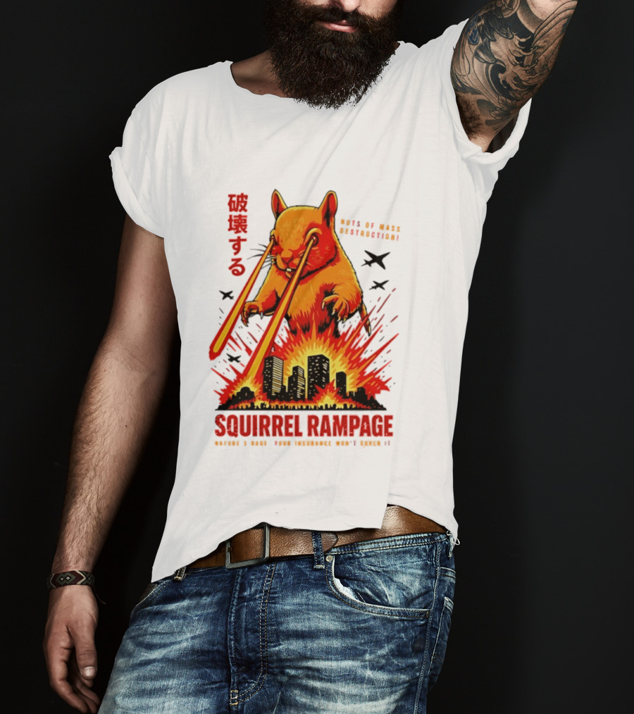 Squirrel Rampage Laser Eyes Skyline Destruction Nuts Of Mass Destruction T-Shirt