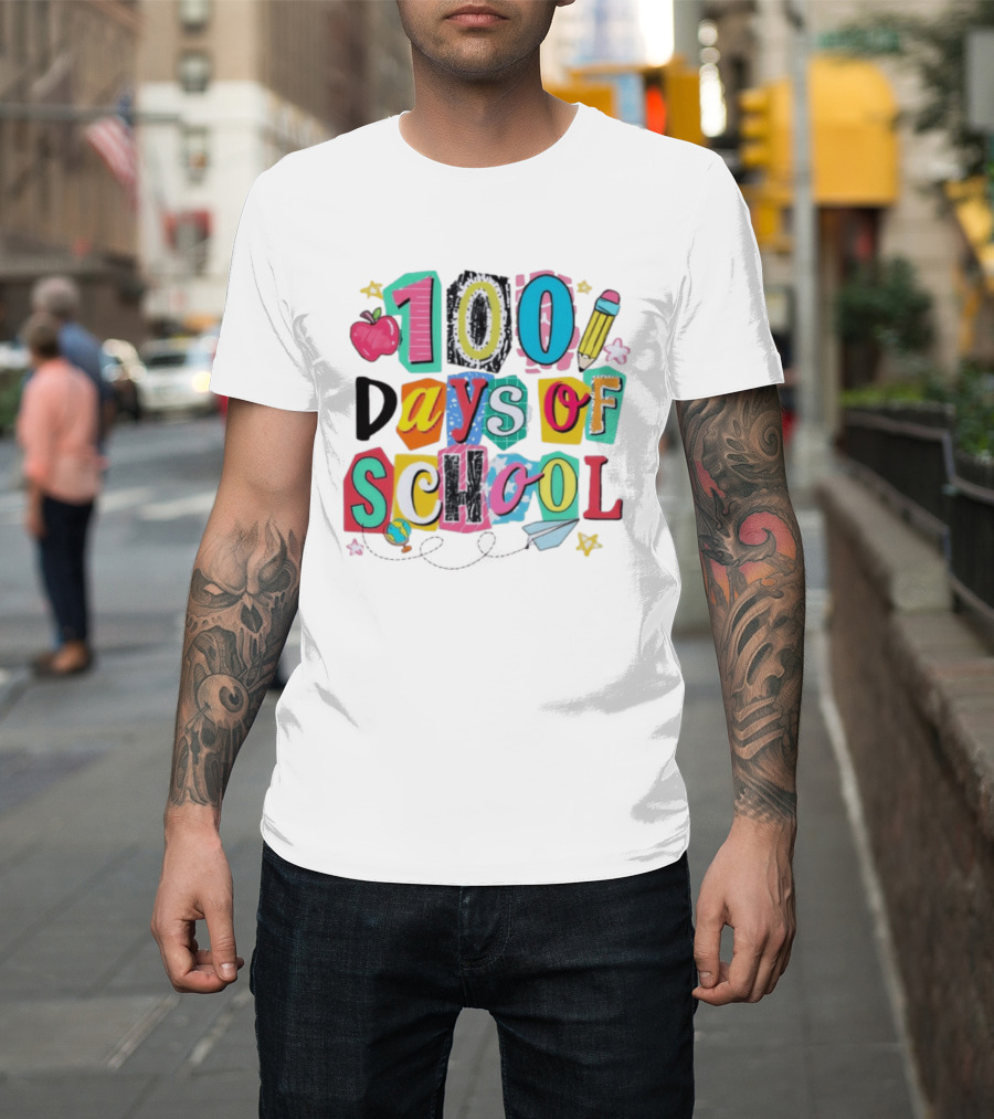 100 Days Of School Celebration Apple Pencil Stars Paper Plane Classroom T-Shirt