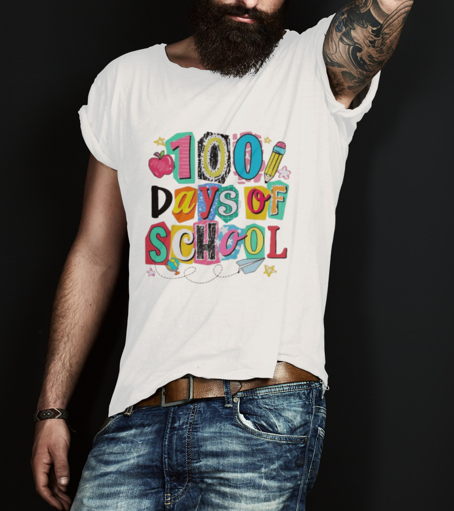 100 Days Of School Celebration Apple Pencil Stars Paper Plane Classroom T-Shirt