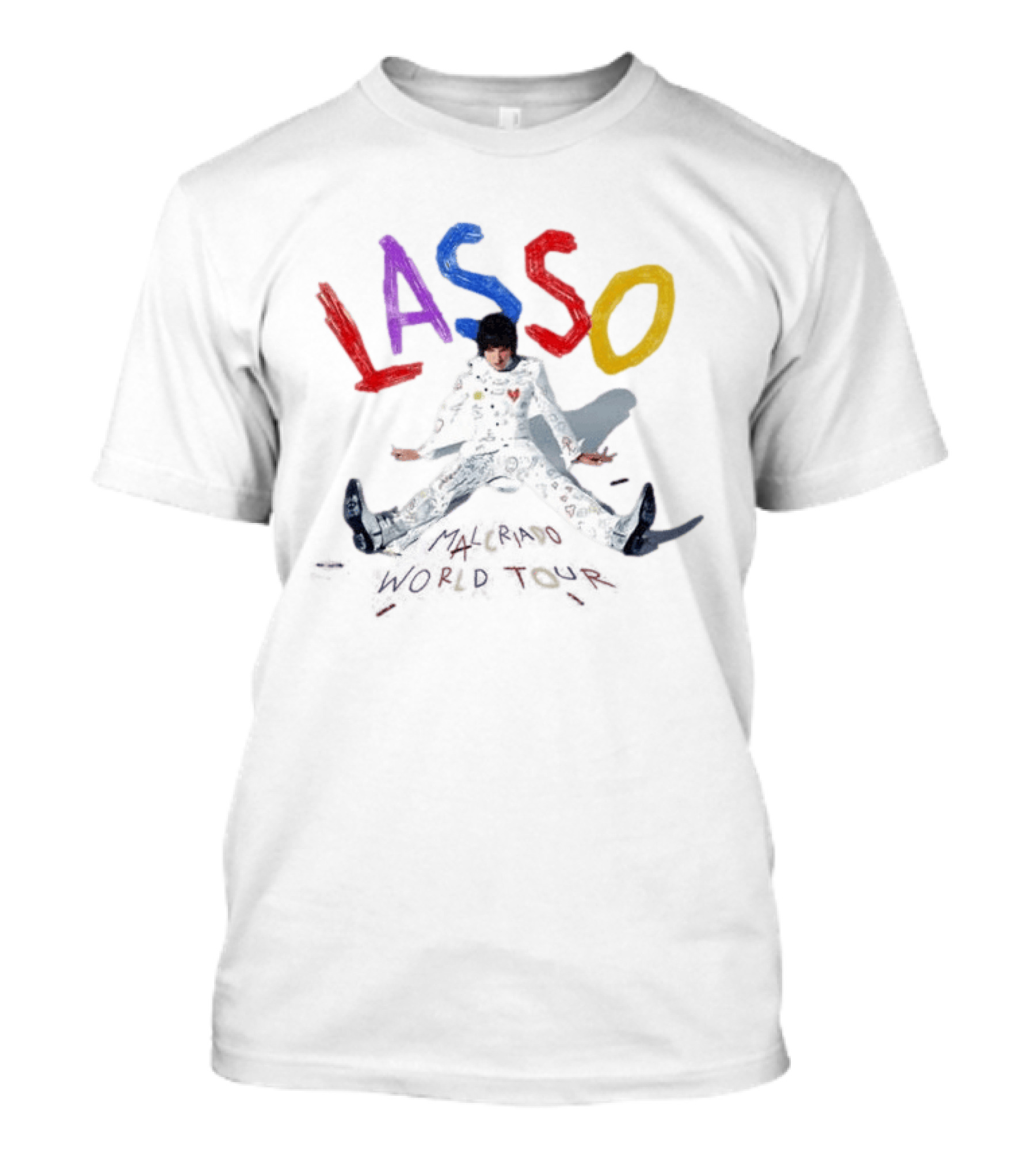 Lasso Malcriado 2025 World Tour Dates Colorful Lettering And Outfit T-Shirt