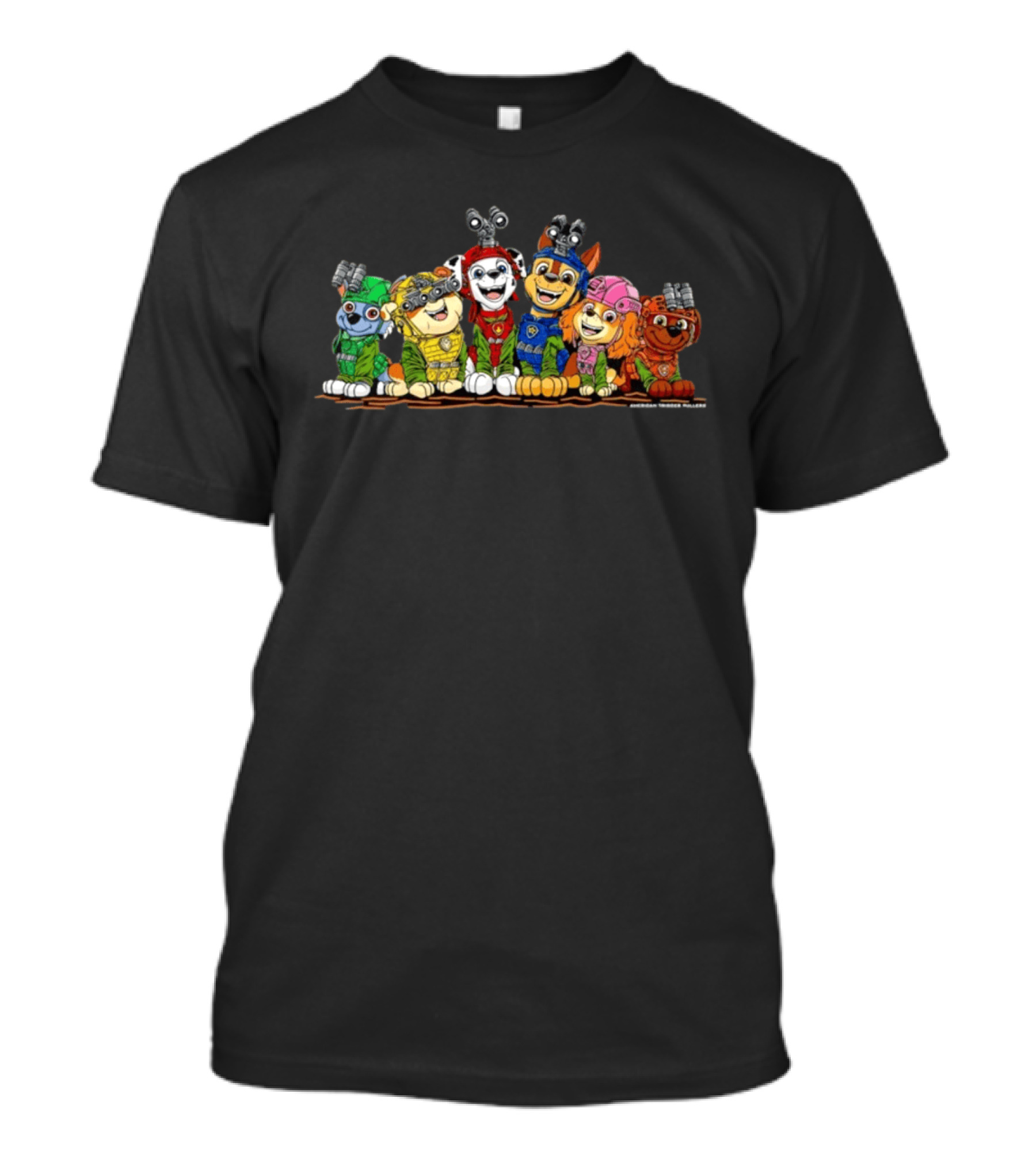 Paw Patrol Characters Chase Marshall Skye Rocky Rubble And Zuma With American Trigger Pullers T-Shirt