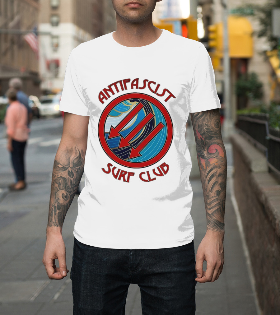 Antifascist Surf Club Three Red Arrows Circular Ocean Wave T-Shirt