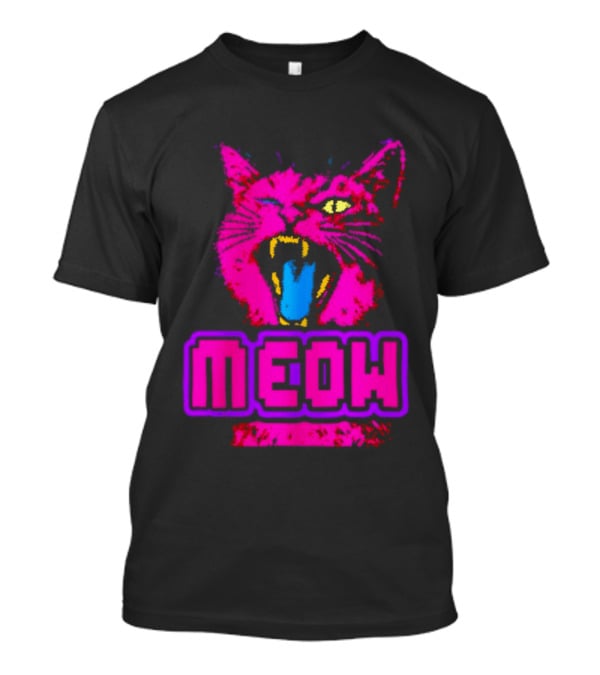 Neon Pink Angry Cat MEOW Cyberpunk Aesthetic Retro Futuristic T-Shirt