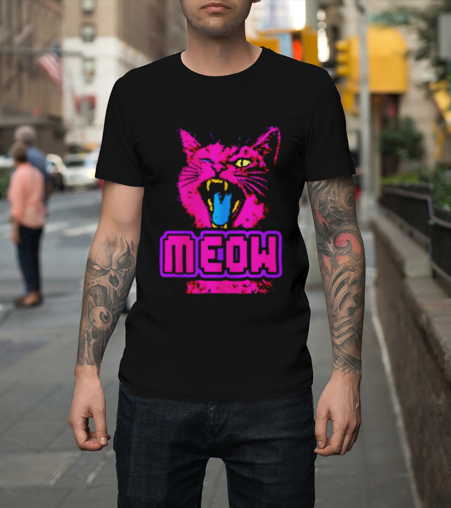 Neon Pink Angry Cat MEOW Cyberpunk Aesthetic Retro Futuristic T-Shirt