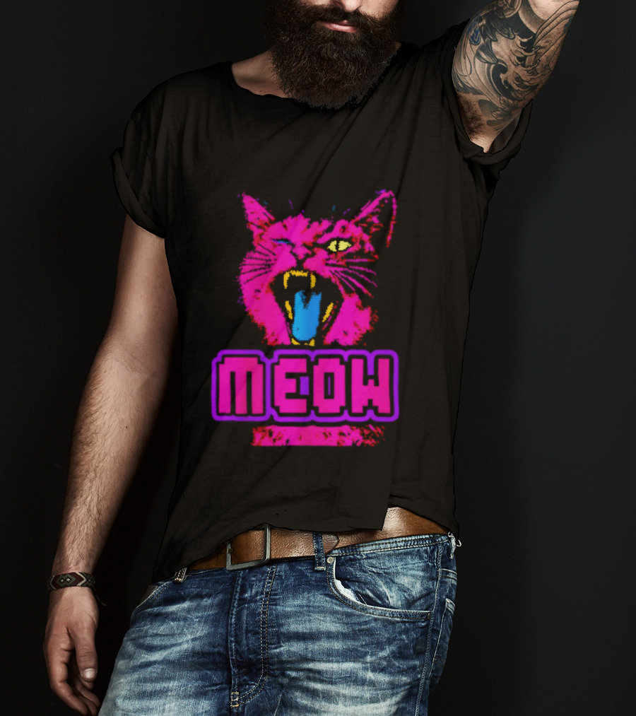 Neon Pink Angry Cat MEOW Cyberpunk Aesthetic Retro Futuristic T-Shirt