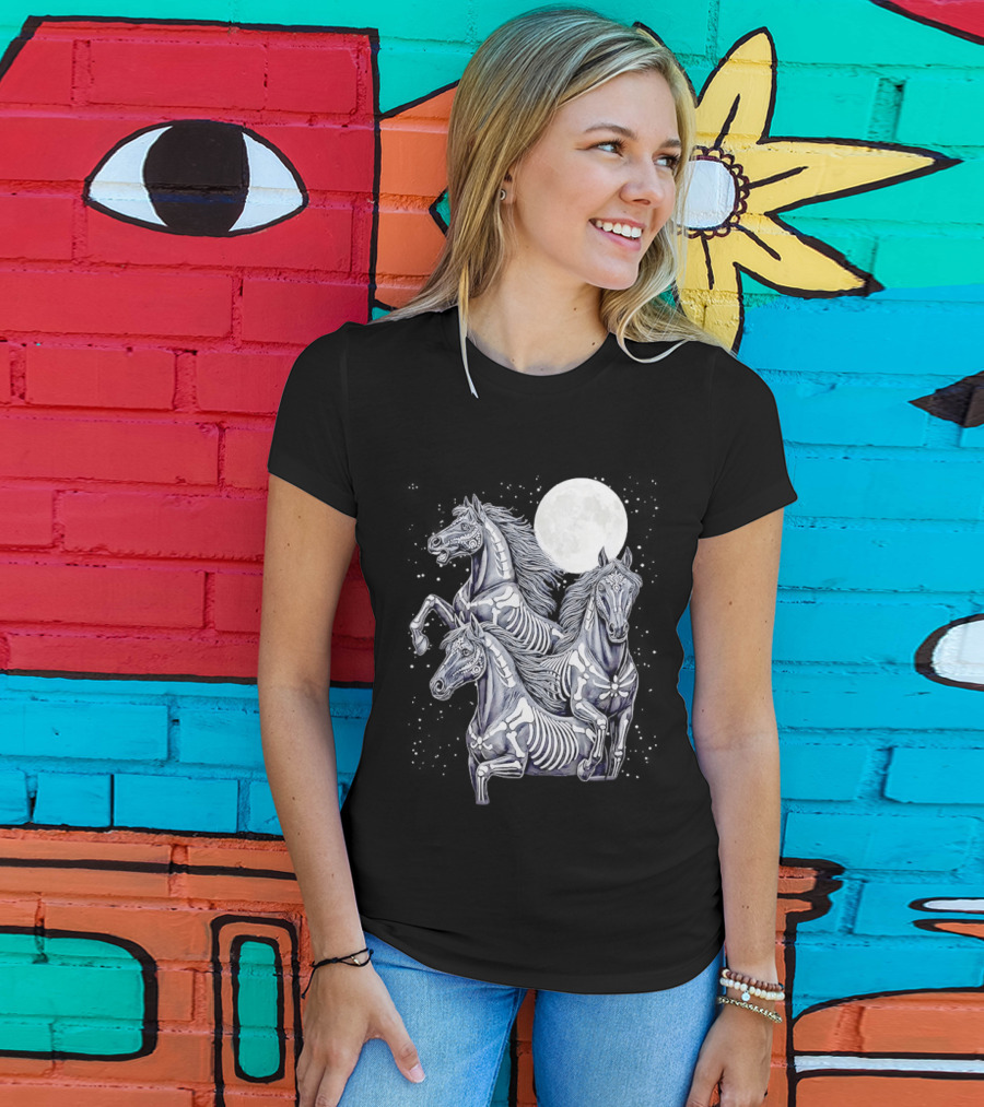 Three Horse Moon Día De Los Muertos Skeleton Horse T-Shirt
