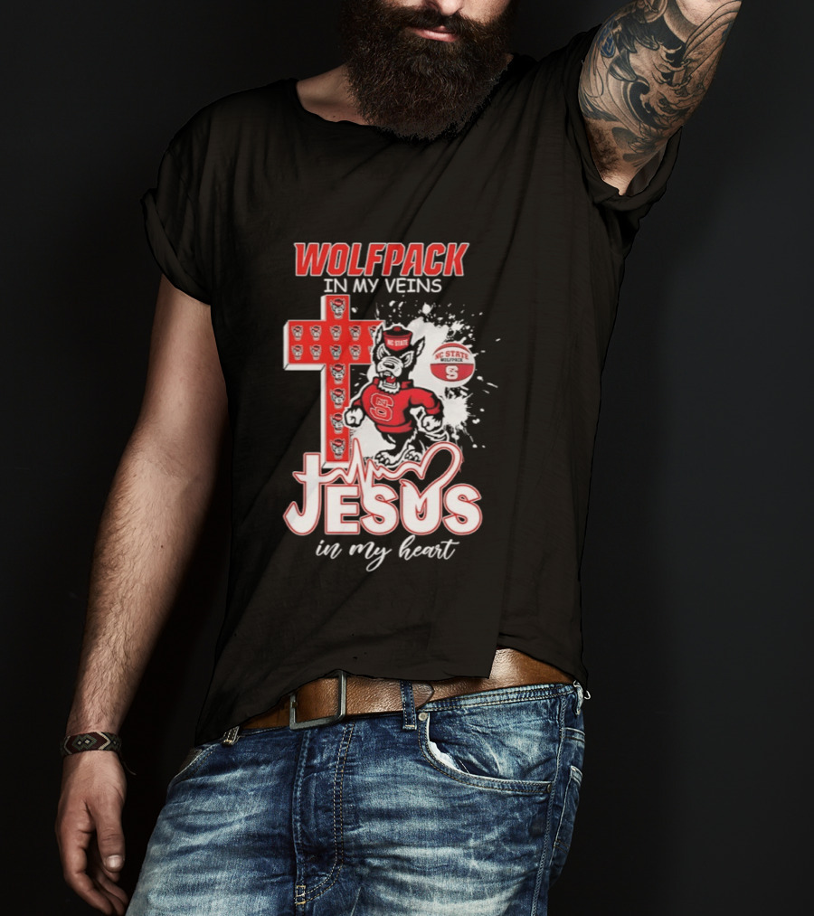 NC State Wolfpack In My Veins Jesus In My Heart Faithful Cross T-Shirt