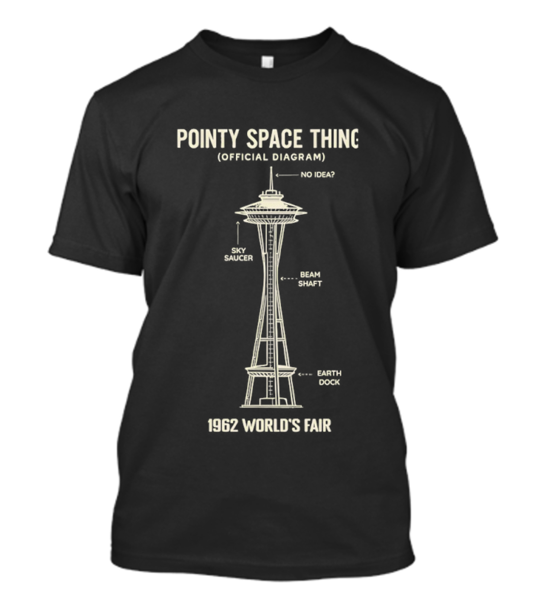 Pointy Space Thing Official Diagram 1962 World's Fair Sky Saucer Beam Shaft Earth Dock T-Shirt