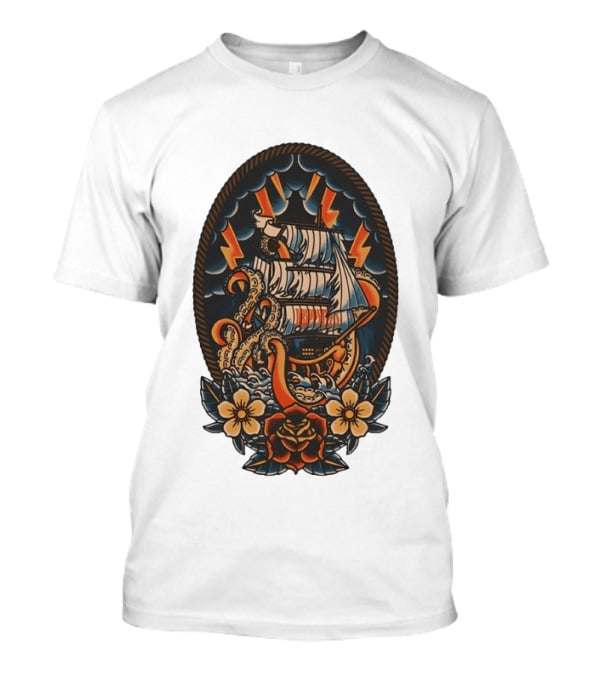 Kraken Sailboat Flower American Traditional Lightning Tattoo T-Shirt