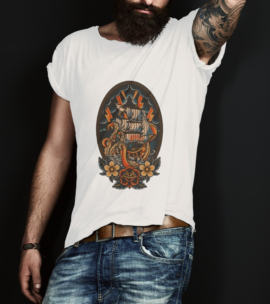 Kraken Sailboat Flower American Traditional Lightning Tattoo T-Shirt