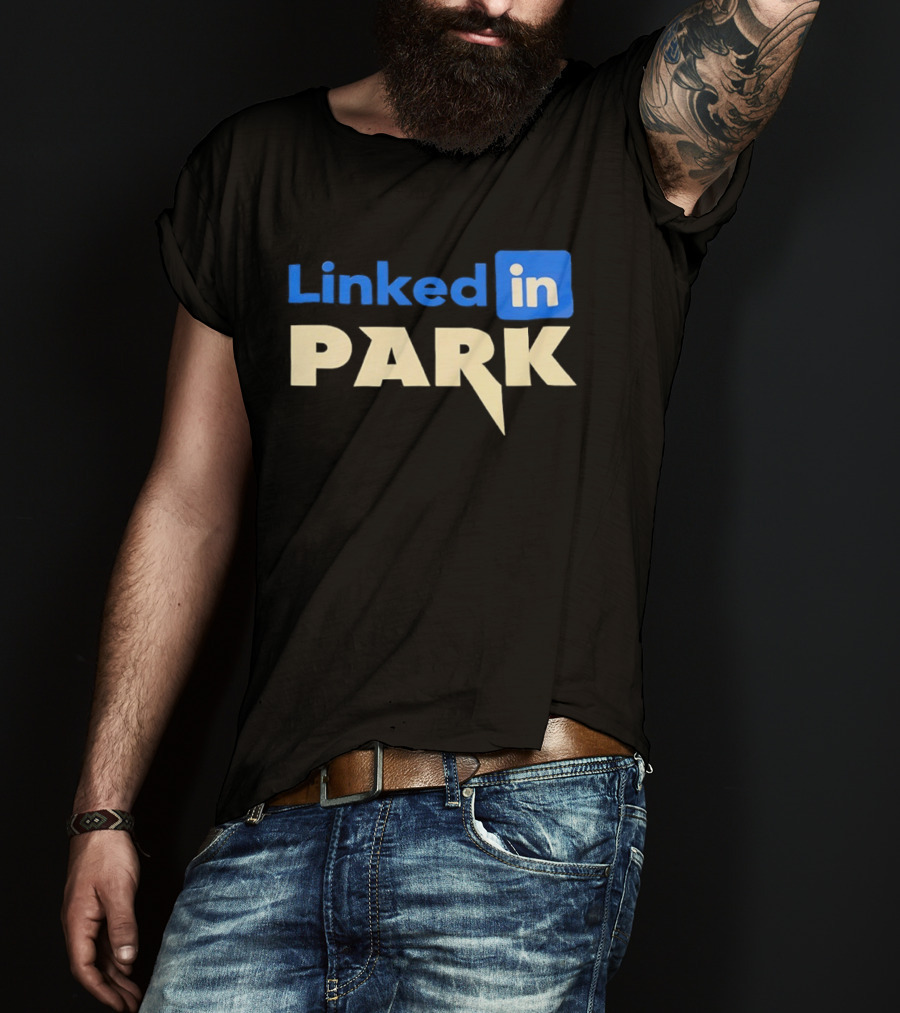 Linked In Park Blocky Font Text In Blue And Beige T-Shirt