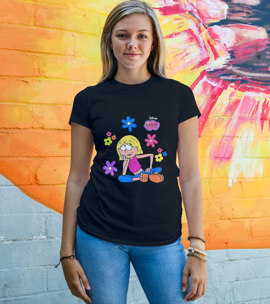 Lizzie McGuire Cartoon Colorful Flowers And Character Sitting Clipart T-Shirt