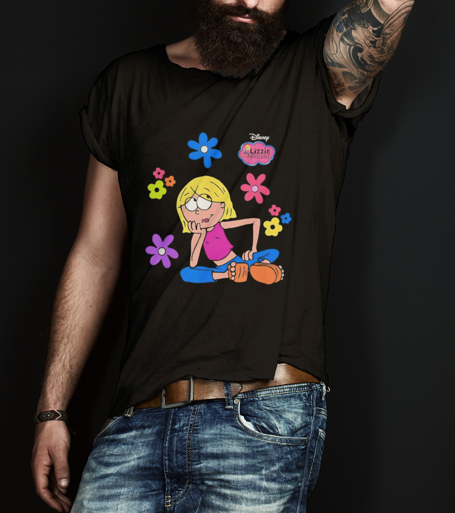 Lizzie McGuire Cartoon Colorful Flowers And Character Sitting Clipart T-Shirt