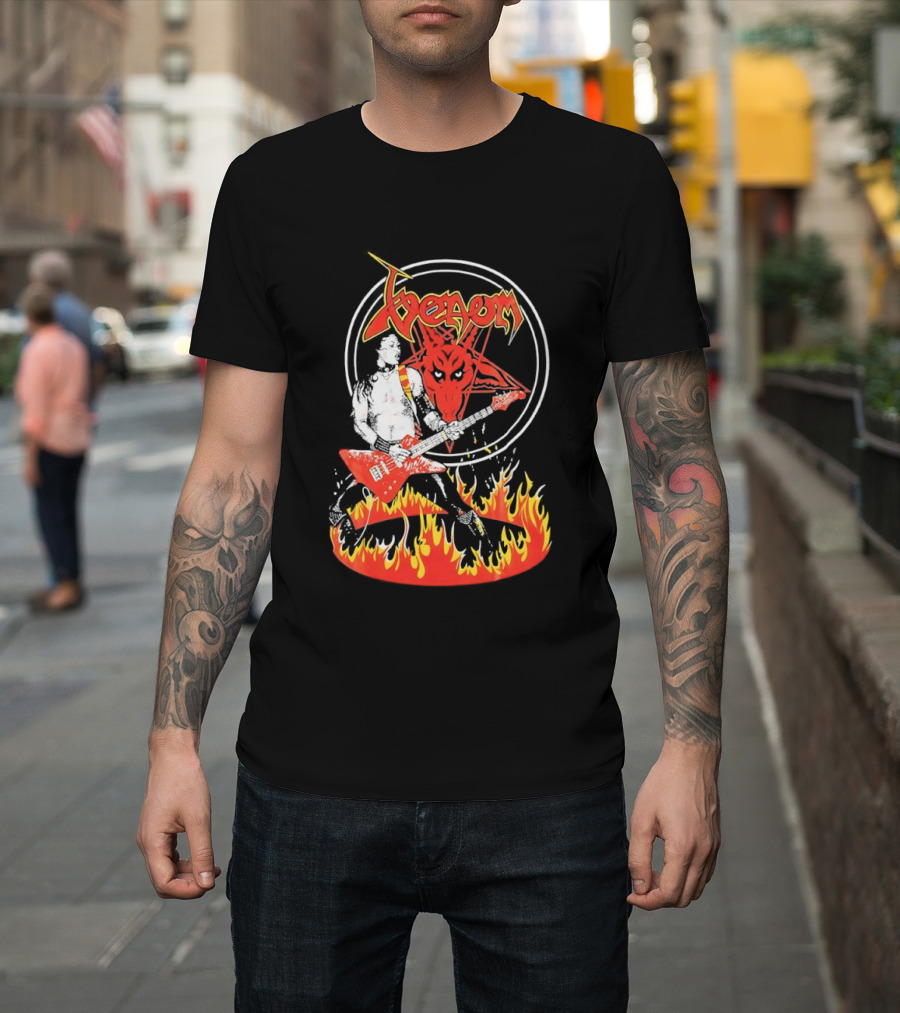 Venom Red Demon Guitarist Flaming Circle T-Shirt