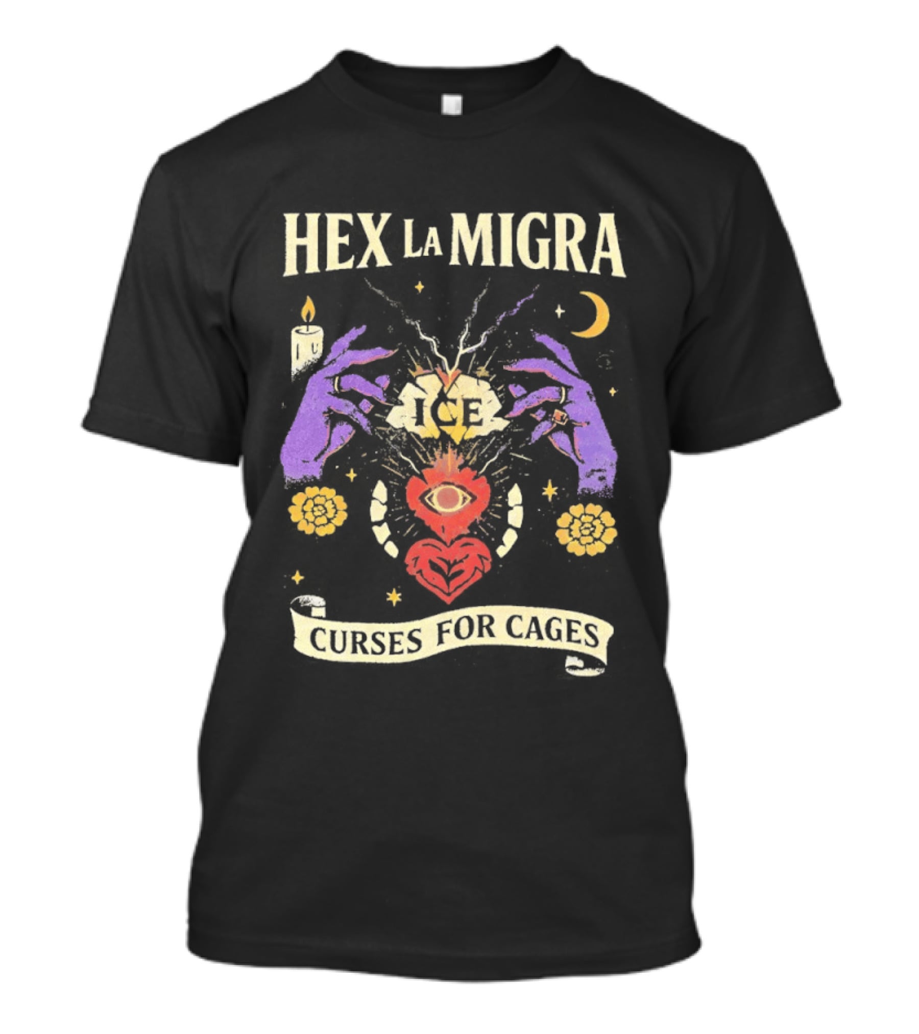 Hex La Migra Curses For Cages Eye Heart Moon Candle Sun Hands T-Shirt