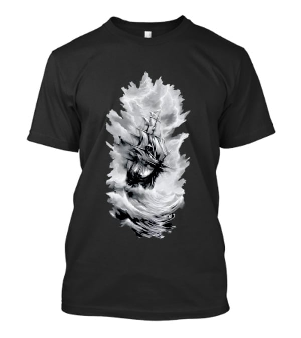 Driven By The Storm Sailing Ship Amidst Thunderous Waves T-Shirt