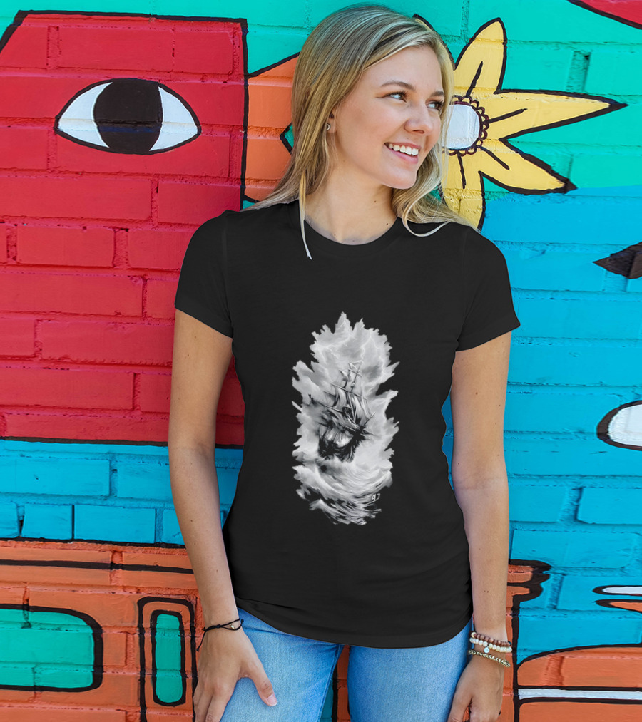 Driven By The Storm Sailing Ship Amidst Thunderous Waves T-Shirt