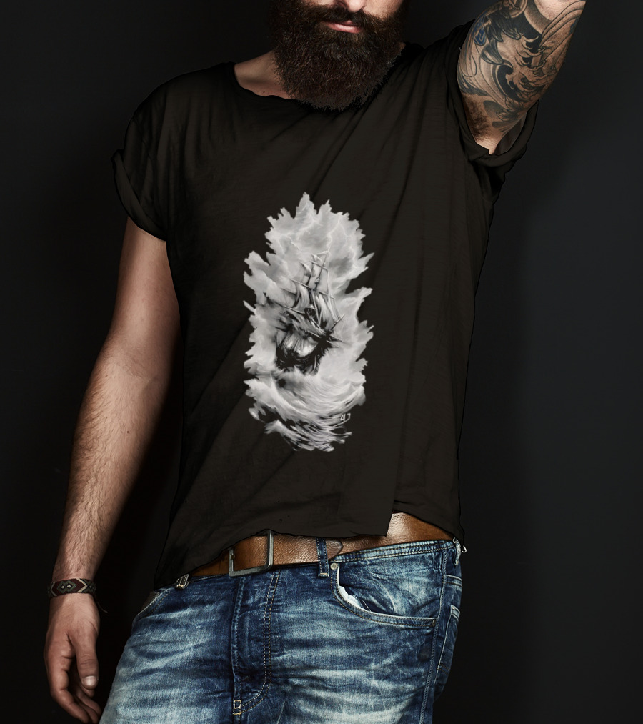 Driven By The Storm Sailing Ship Amidst Thunderous Waves T-Shirt