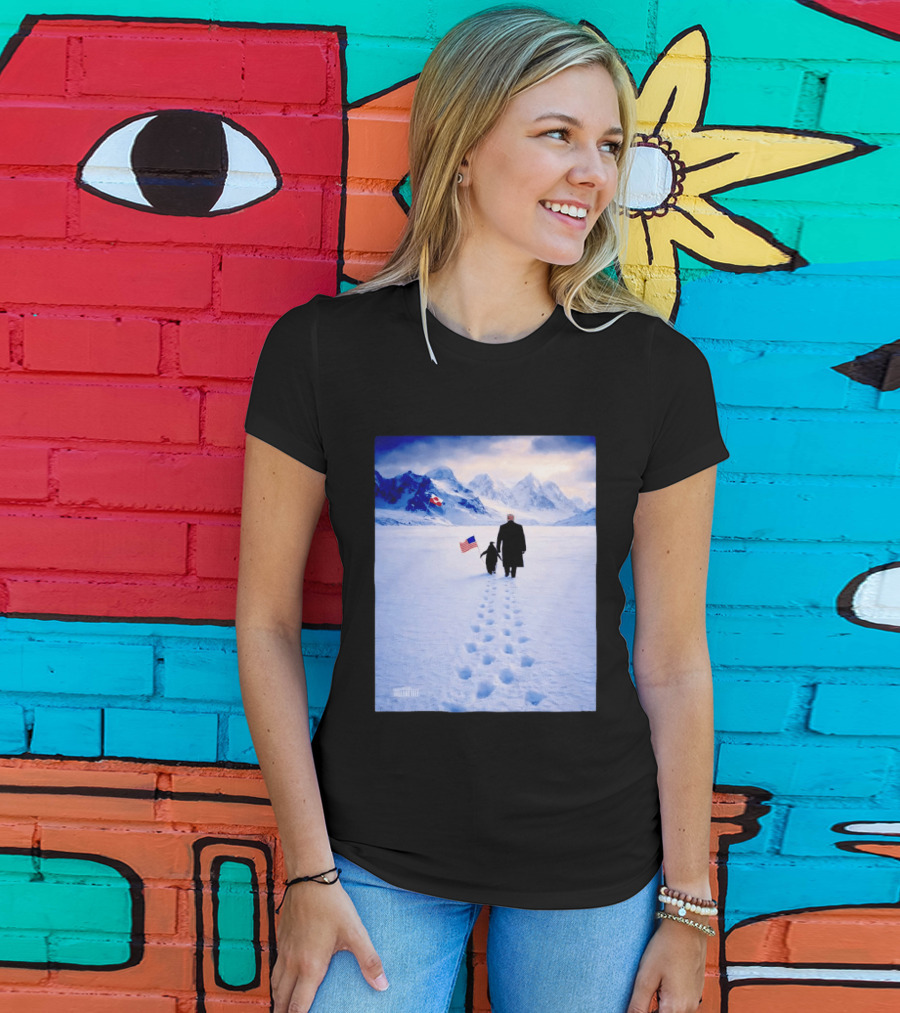 The White House Donald Trump Walking With Penguin American Canadian Flags Snowy Mountains T-Shirt