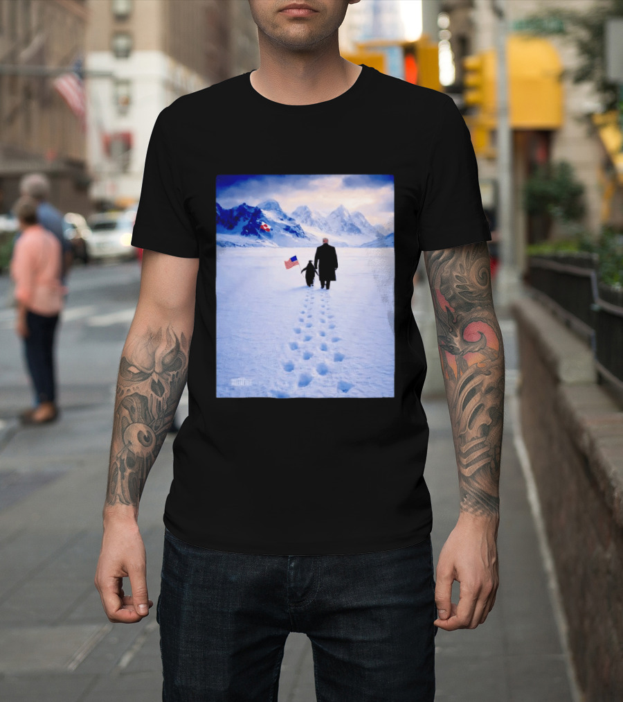 The White House Donald Trump Walking With Penguin American Canadian Flags Snowy Mountains T-Shirt