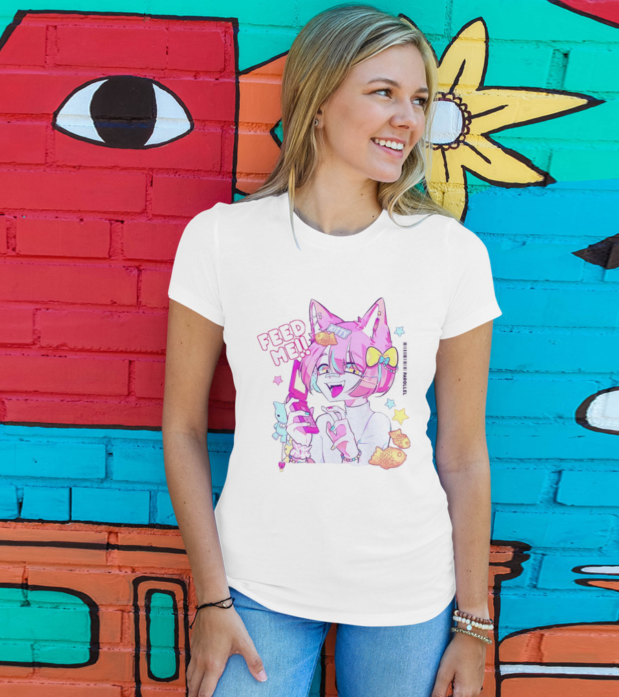 Anime Feed Me Pastel Kawaii Catgirl Eating Fish Cookies T-Shirt