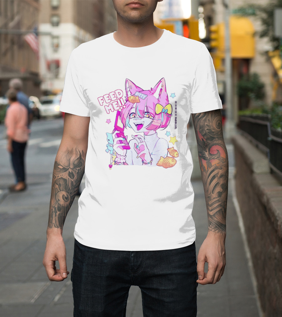 Anime Feed Me Pastel Kawaii Catgirl Eating Fish Cookies T-Shirt