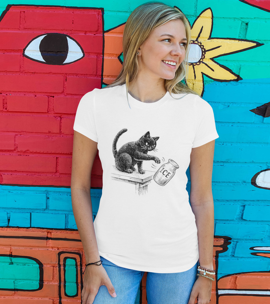 Cat Knocking Over ICE Jar Pro Immigration Message T-Shirt