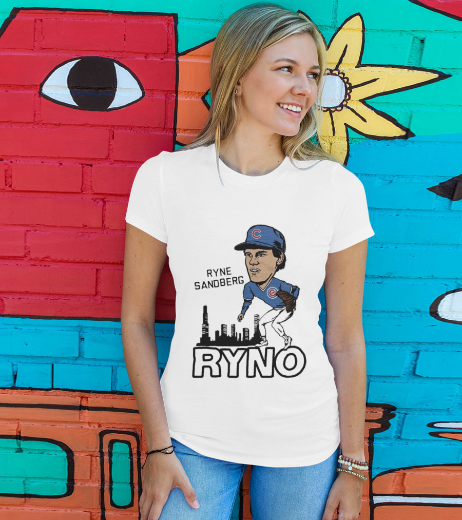 Ryne Sandberg Ryno Chicago Cubs Cartoon Skyline T-Shirt