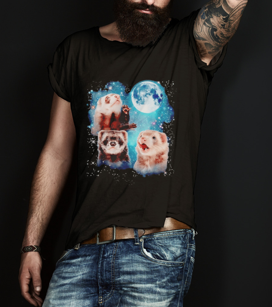 Ferret Trio With Full Moon And Starlit Sky T-Shirt