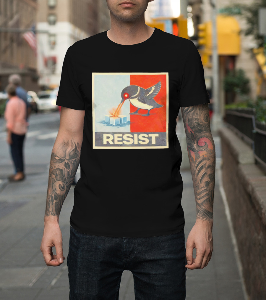 Resist Penguin Melting Ice Laser Eyes Red Blue Split T-Shirt