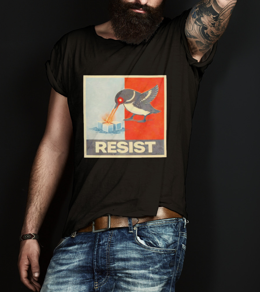 Resist Penguin Melting Ice Laser Eyes Red Blue Split T-Shirt