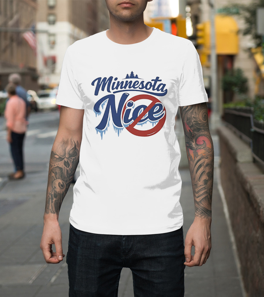 Minnesota Nice Anti Ice Dripping Text Red Circle Blue Letters T-Shirt