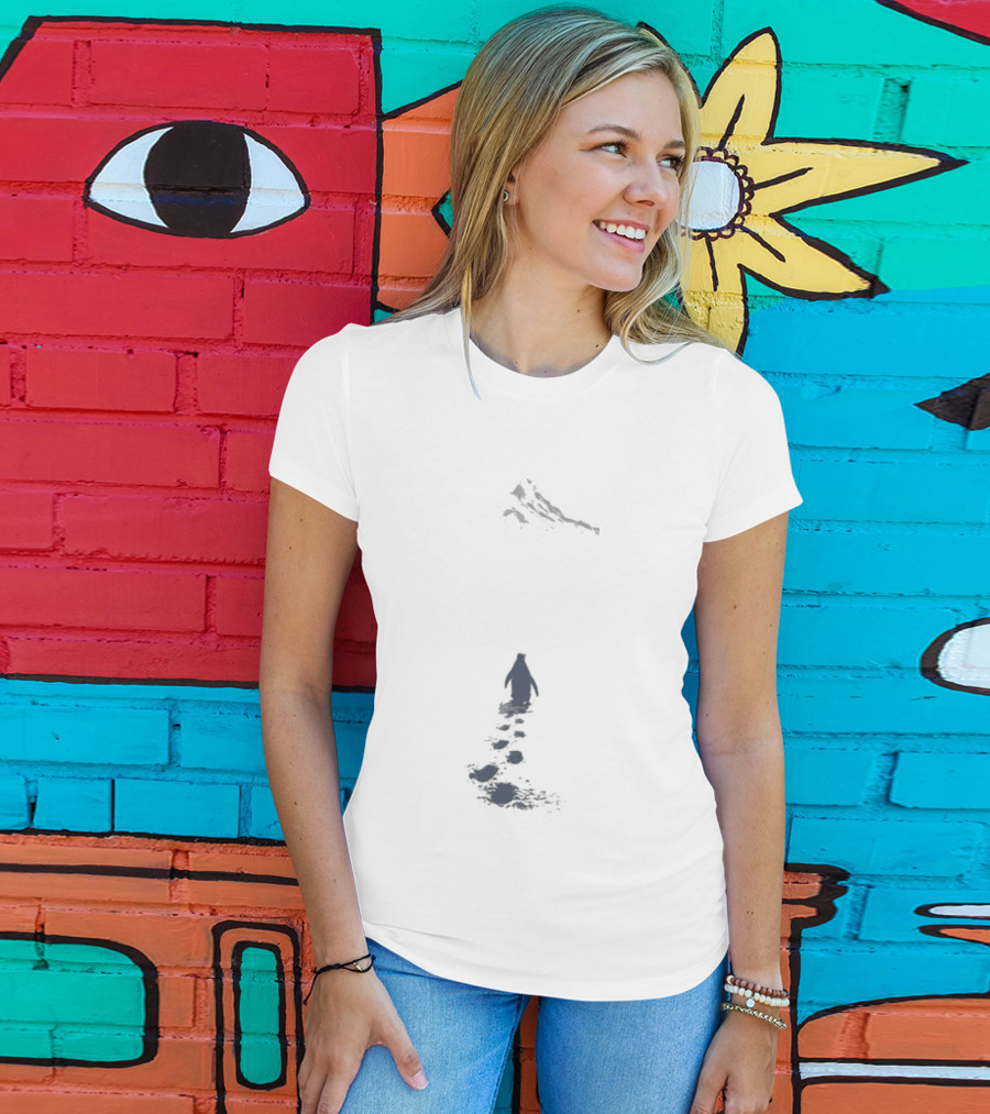 Nihilist Penguin Following Footprints Across White Snow T-Shirt