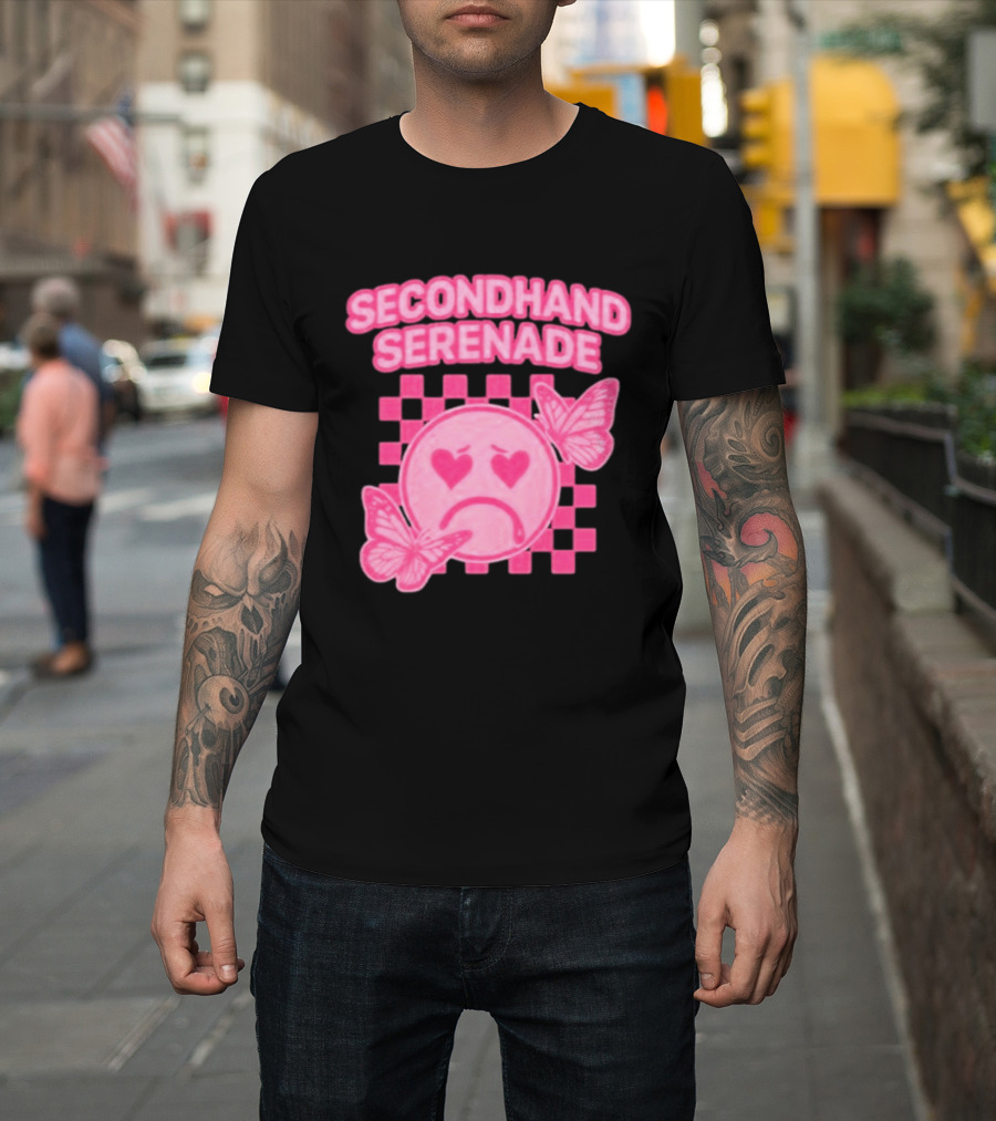 Secondhand Serenade Sad Emo Pink Heartbroken Face With Butterflies T-Shirt