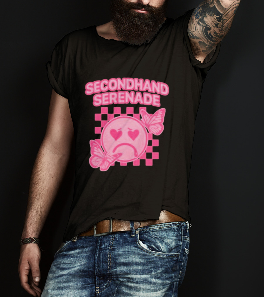 Secondhand Serenade Sad Emo Pink Heartbroken Face With Butterflies T-Shirt