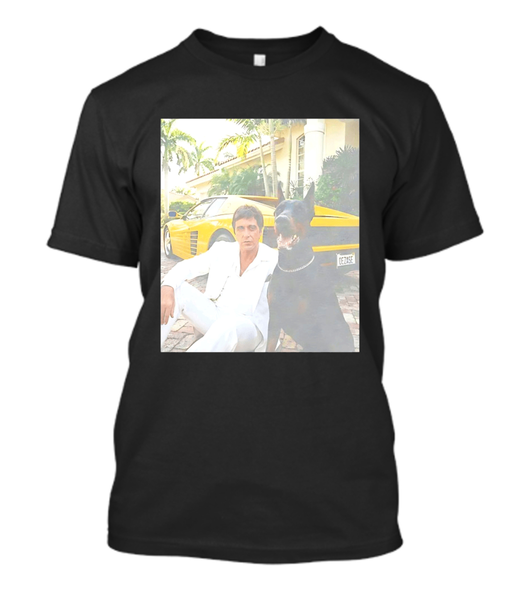 Tony Montana With Dog In Front Of Yellow Sports Car Scene From Scarface T-Shirt