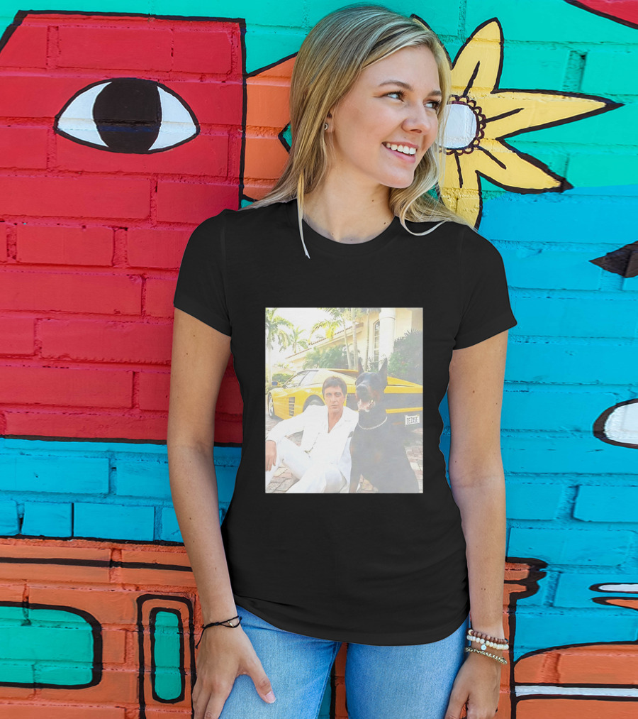 Tony Montana With Dog In Front Of Yellow Sports Car Scene From Scarface T-Shirt
