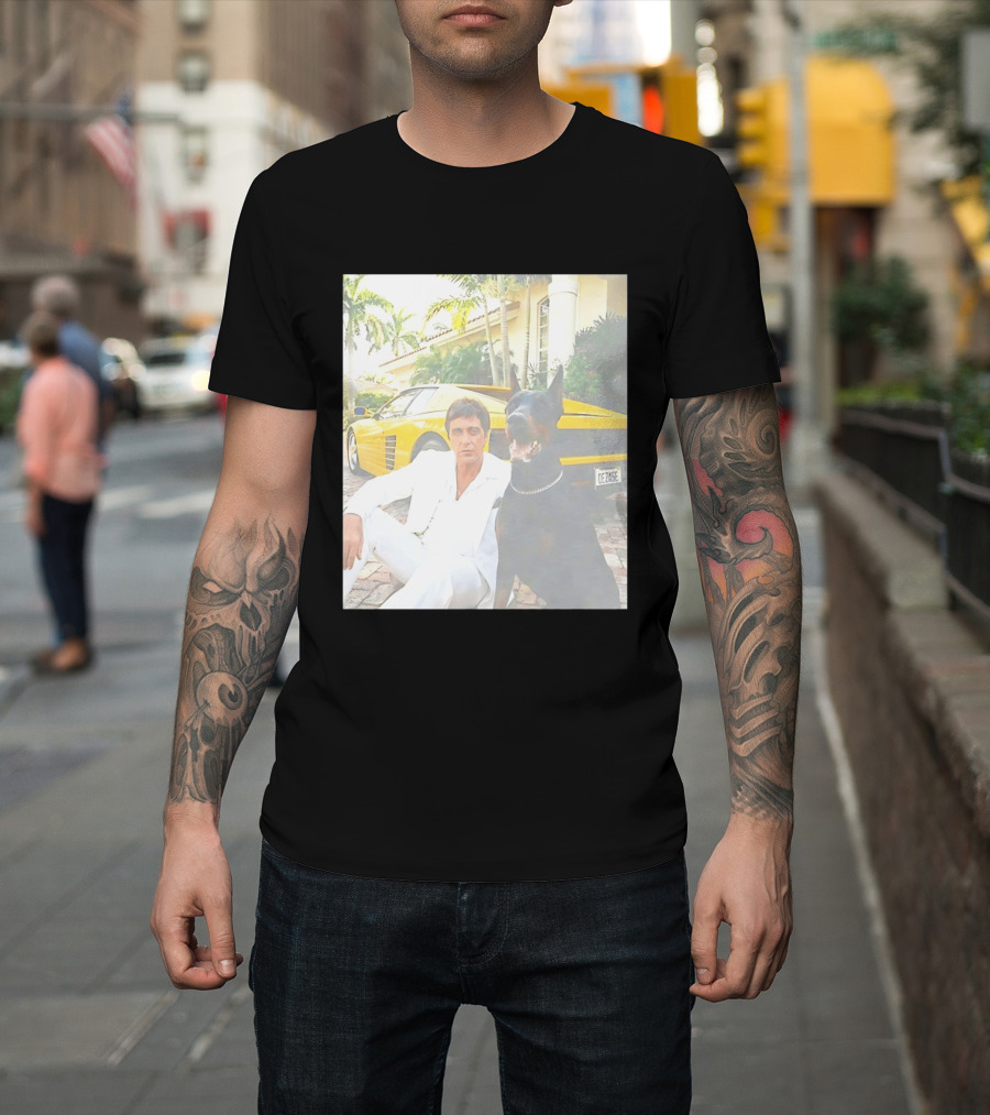 Tony Montana With Dog In Front Of Yellow Sports Car Scene From Scarface T-Shirt