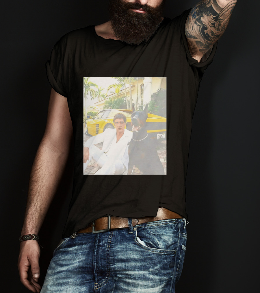 Tony Montana With Dog In Front Of Yellow Sports Car Scene From Scarface T-Shirt