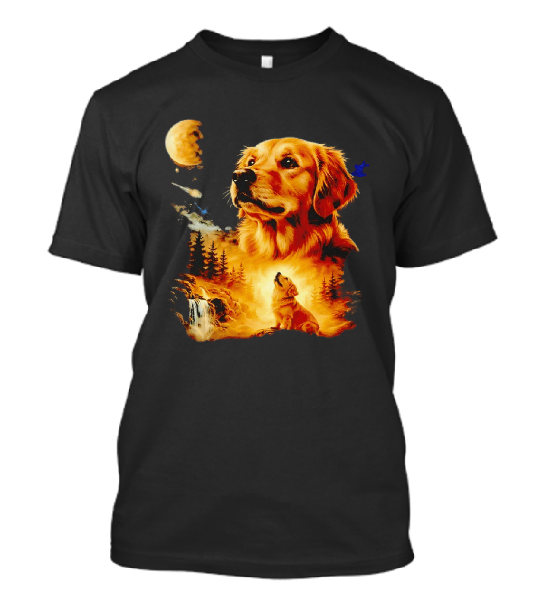 Golden Retriever Majestic Night Howl At Moonlit Waterfall T-Shirt