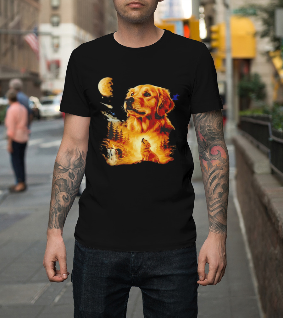 Golden Retriever Majestic Night Howl At Moonlit Waterfall T-Shirt