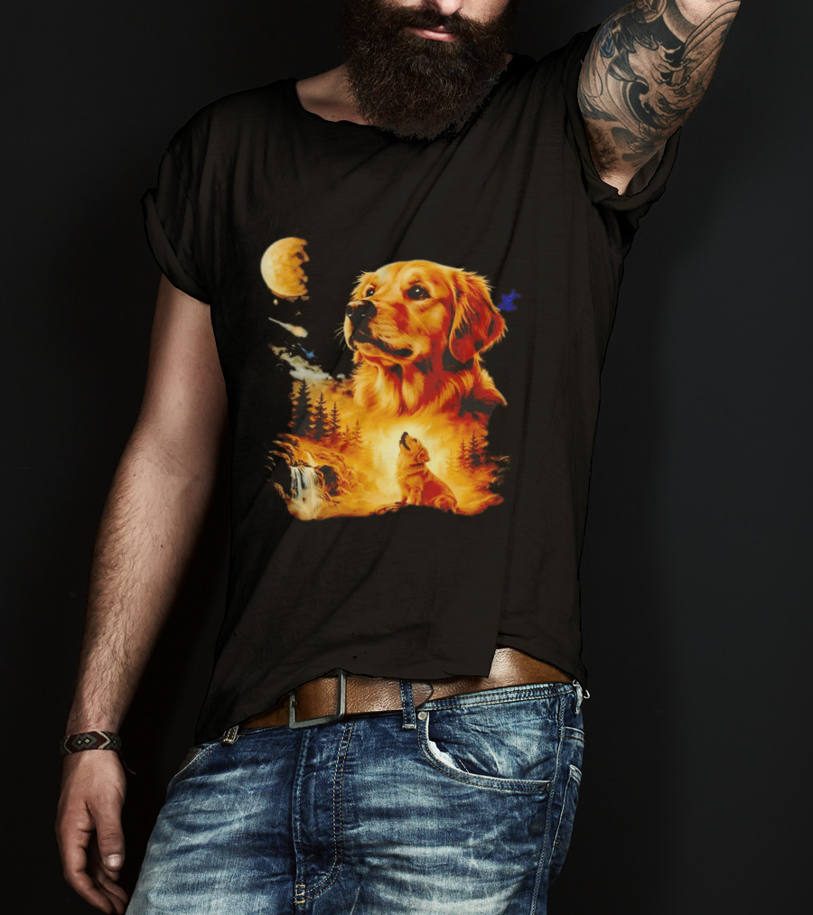 Golden Retriever Majestic Night Howl At Moonlit Waterfall T-Shirt
