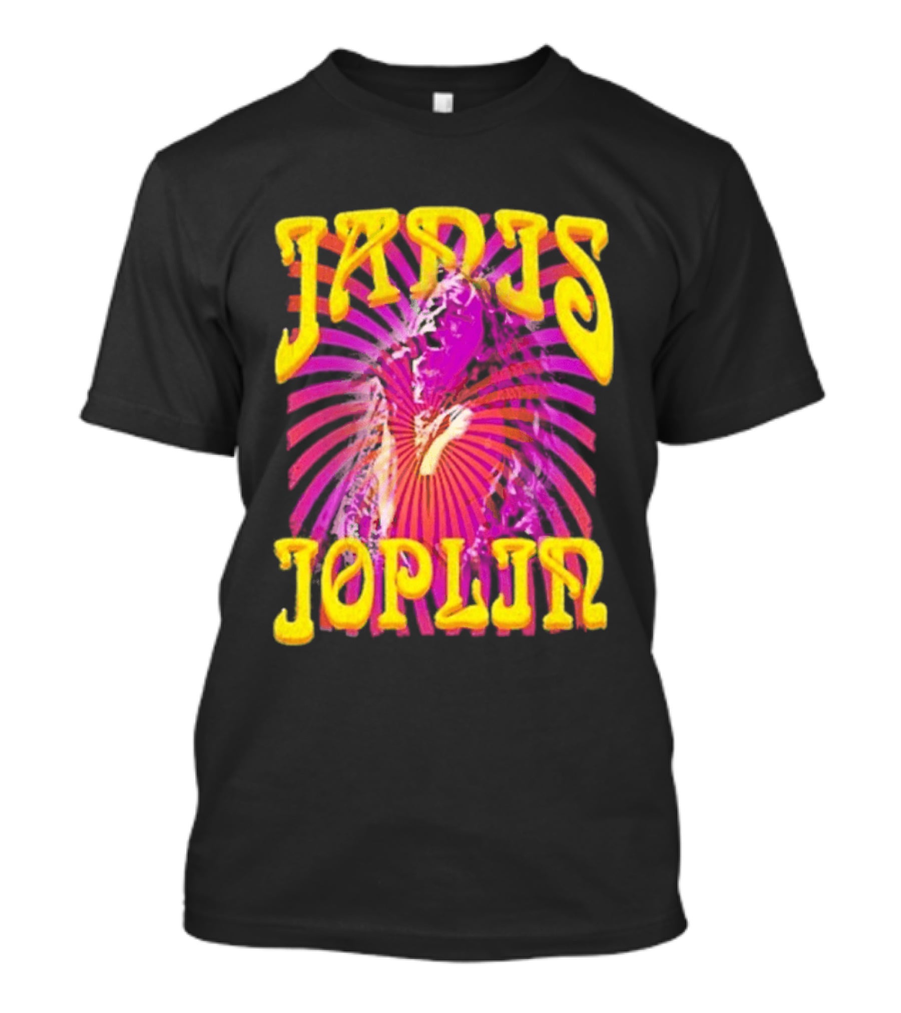 Janis Joplin Psychedelic Swirl Vibrant Yellow Text Pink Burst T-Shirt