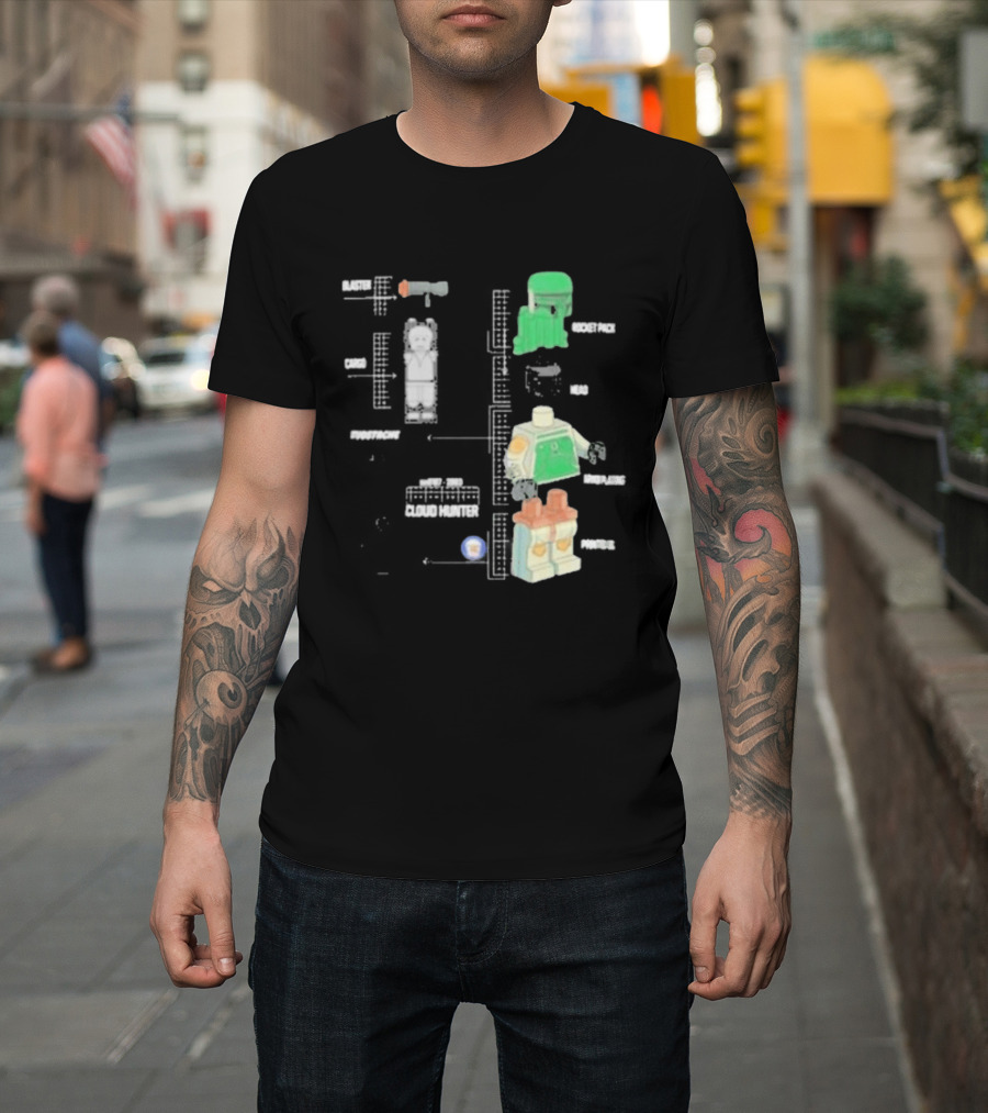Studstache Cloud Hunter Blueprint With Block Figures And Sci Fi T-Shirt