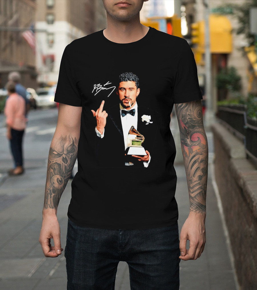 Bad Bunny Smoking Middle Finger Holding Grammy 2026 T-Shirt
