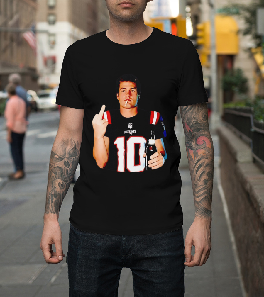 Drake Maye Middle Finger Smoking Holding Beer Can New England Patriots 10 T-Shirt
