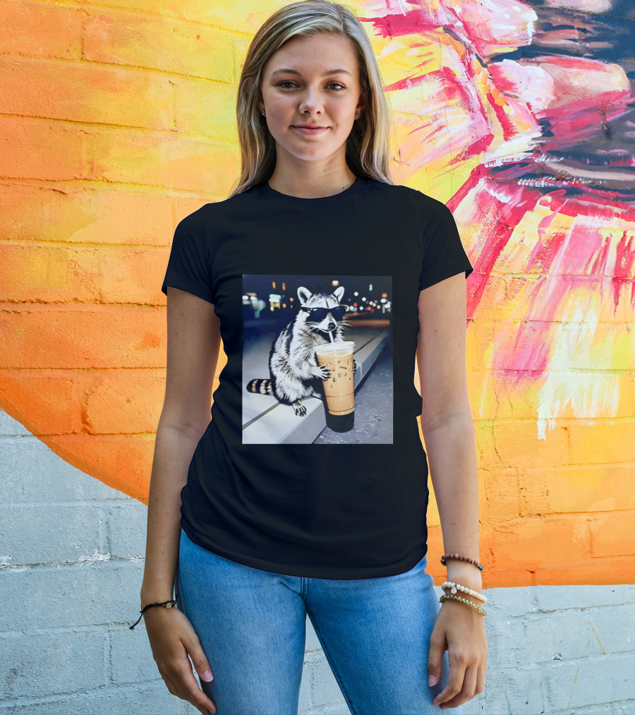 Raccoon Wearing Sunglasses Enjoying Iced Coffee Night Scene T-Shirt