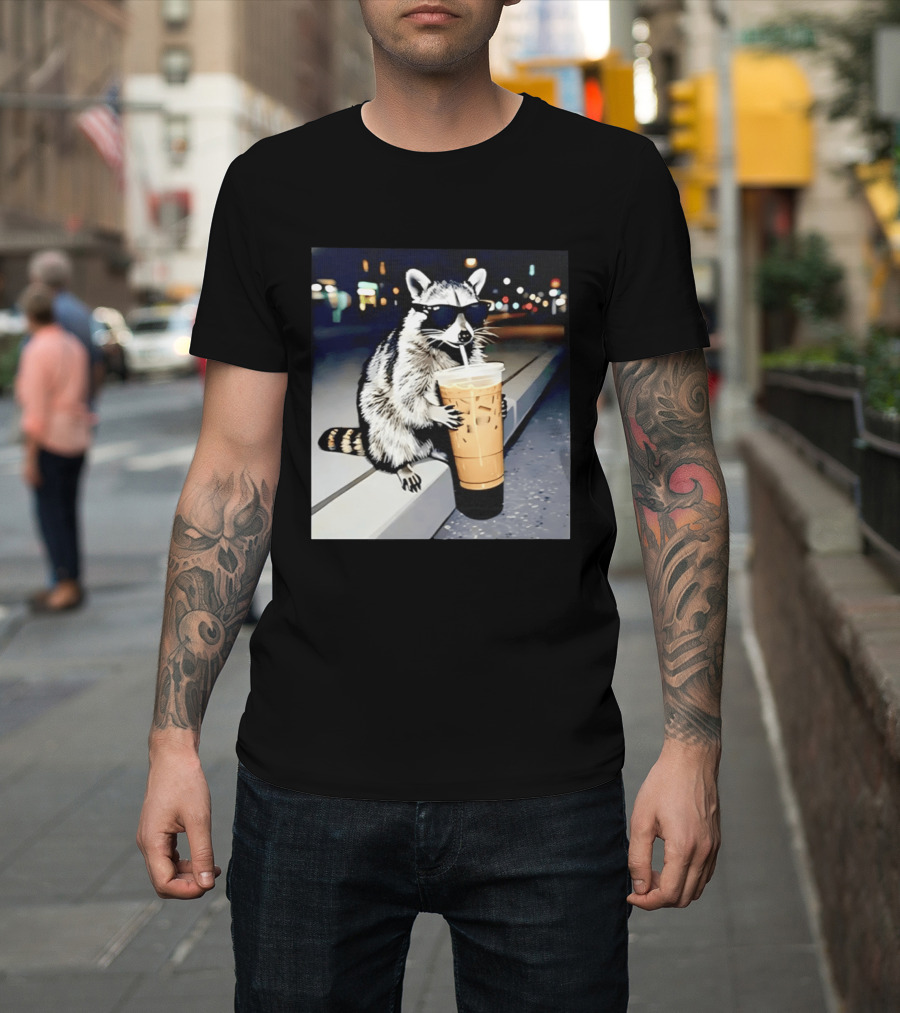 Raccoon Wearing Sunglasses Enjoying Iced Coffee Night Scene T-Shirt