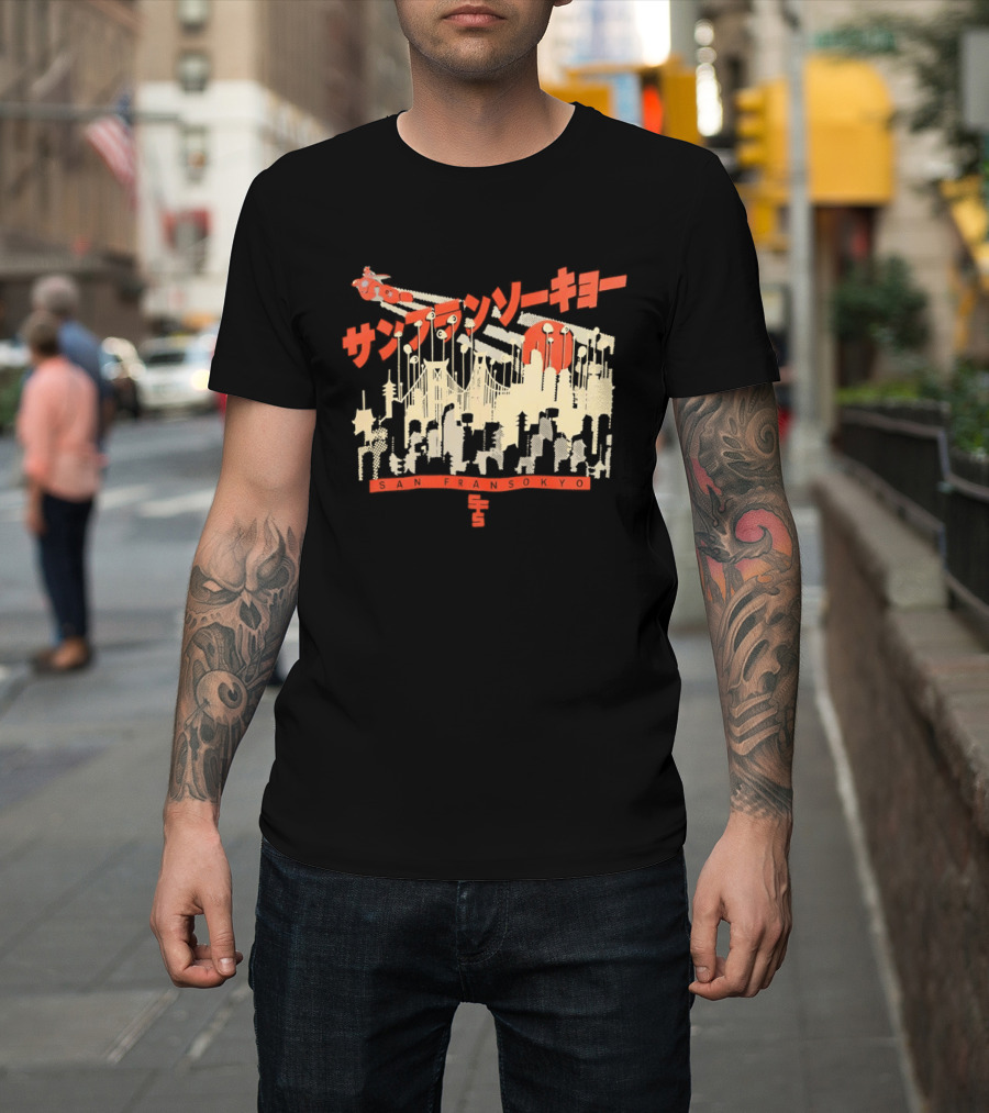 Sanfrasokyo Cityscape Fusion With Japanese Text And Baymax Figure T-Shirt